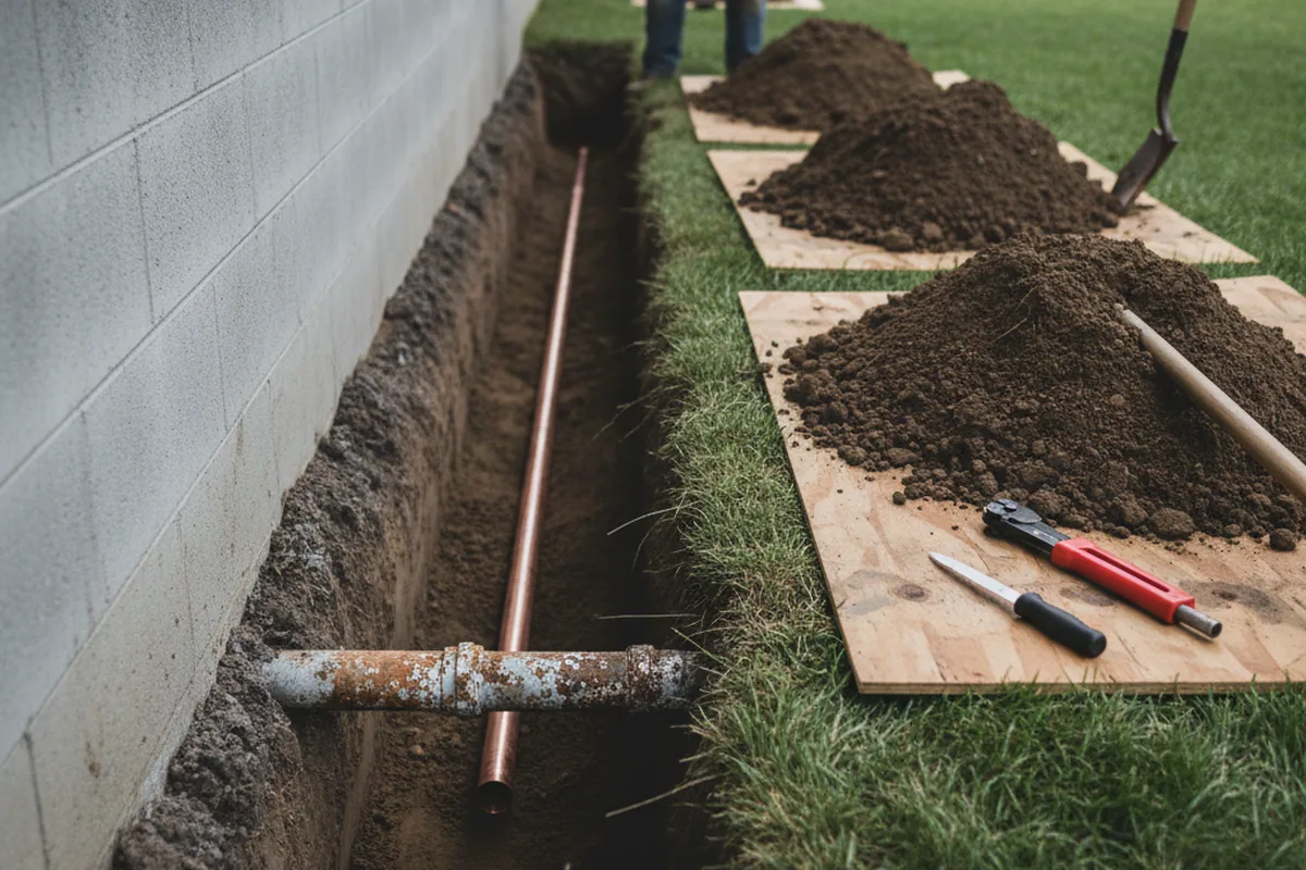 Excavated water line trench during Water Heater Repair in Sharpes